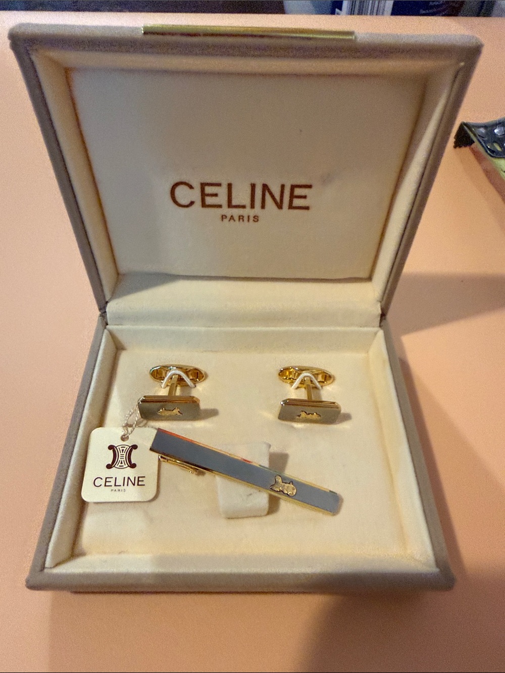 Celine Gold and Gray Enamel Cufflinks with Matching Tie Bar